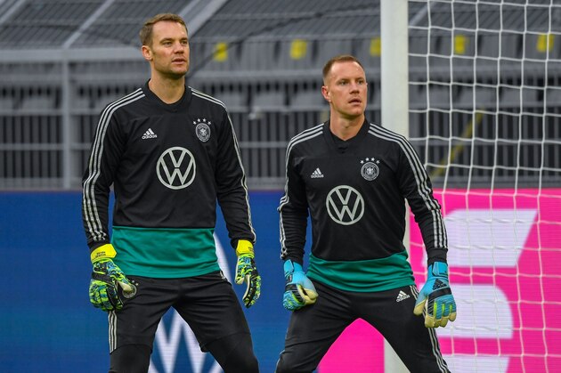 Germany's goalkeeper Manuel Neuer and Germany's goalkeeper Marc-Andre Ter Stegen (R) attend a training session of the German national football in Dortmund, western Germany on October 08, 2019. - Germany plays a friendly soccer match against Argentina in Dortmund on Wednesday. (Photo by Ina FASSBENDER / AFP) (Photo by INA FASSBENDER/AFP via Getty Images)
