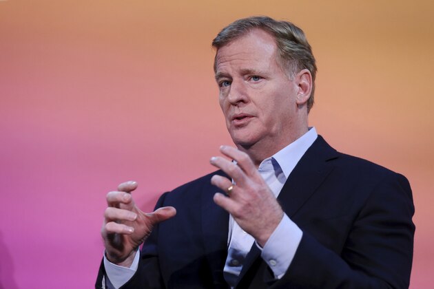 NFL Commissioner Roger Goodell discusses a new initiative with AWS that will transform player health and safety using cloud computing during AWS re:Invent 2019 on Thursday, Dec. 5, 2019 in Las Vegas. (Isaac Brekken/AP Images for NFL)