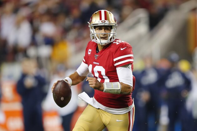 San Francisco 49ers quarterback Jimmy Garoppolo (10) during an NFL football game against the Los Angeles Rams in Santa Clara, Calif., Saturday, Dec. 21, 2019. (AP Photo/John Hefti)