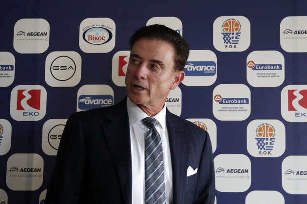 Rick Pitino the new coach of the Greek national basketball team leaves the panel after a press conference in Athens, Monday, Nov. 11, 2019. The 67-year-old American has agreed to coach the Greek national basketball team and lead its effort to qualify for the 2020 Tokyo Olympics. (AP Photo/Thanassis Stavrakis)