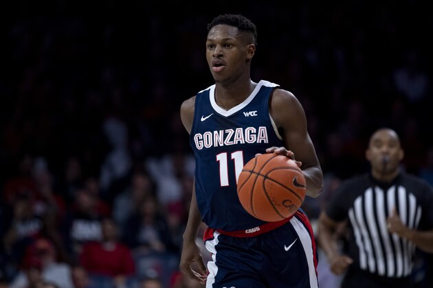 TUCSON, ARIZONA - DECEMBER 14: Joel Ayayi #11 of the Gonzaga Bulldogs handles the ball in the second half against the Arizona Wildcats at McKale Center on December 14, 2019 in Tucson, Arizona. (Photo by Jennifer Stewart/Getty Images)