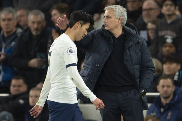 LONDON, ENGLAND - DECEMBER 22: Son Heung-min of Tottenham Hotspur walks from the pitch past Manager Jose Mourinho after being sent off during the Premier League match between Tottenham Hotspur and Chelsea FC at Tottenham Hotspur Stadium on December 22, 2019 in London, United Kingdom. (Photo by Visionhaus)