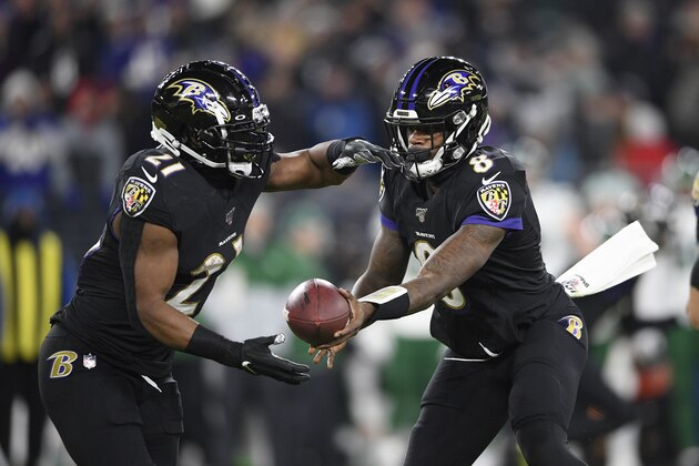 File-This Dec. 12, 2019, file photo shows Baltimore Ravens quarterback Lamar Jackson (8) handing off to running back Mark Ingram (21) during the first half of an NFL football game against the New York Jets in Baltimore. As he draws closer to a milestone birthday,  Ingram wants everyone to know he's still got what it takes to score a bunch of touchdowns, rush for 1,000 yards and earn an invite to the Pro Bowl. “I feel like people say when you're 30 you're dead,” Ingram said Wednesday. “I turn 30 at the end of this week, but my best football is ahead of me.