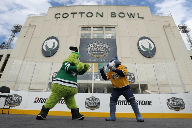 Mascots for the Nashville Predators, right, and the Dallas Stars pose for a photo in front of the Cotton Bowl in Dallas, Wednesday, March 20, 2019. The NHL Winter Classic hockey game between the Nashville Predators and the Dallas Stars will be played Jan. 1, 2020, at the Cotton Bowl at Fair Park in Dallas. (AP Photo/LM Otero)