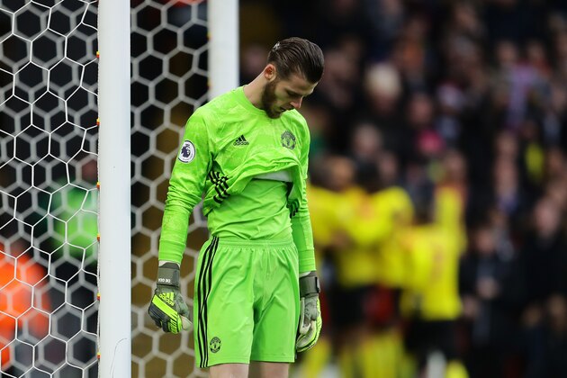 WATFORD, ENGLAND - DECEMBER 22: David De Gea of Manchester United looks dejected after failing to save a penalty which resulted in the second goal for Watford scored by Troy Deeney of Watford (not pictured) during the Premier League match between Watford FC and Manchester United at Vicarage Road on December 22, 2019 in Watford, United Kingdom. (Photo by Richard Heathcote/Getty Images)