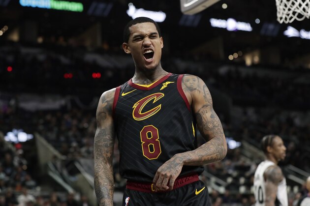 Cleveland Cavaliers guard Jordan Clarkson (8) reacts after a play during the second half of an NBA basketball game against the San Antonio Spurs, in San Antonio, Thursday, Dec. 12, 2019. (AP Photo/Eric Gay)