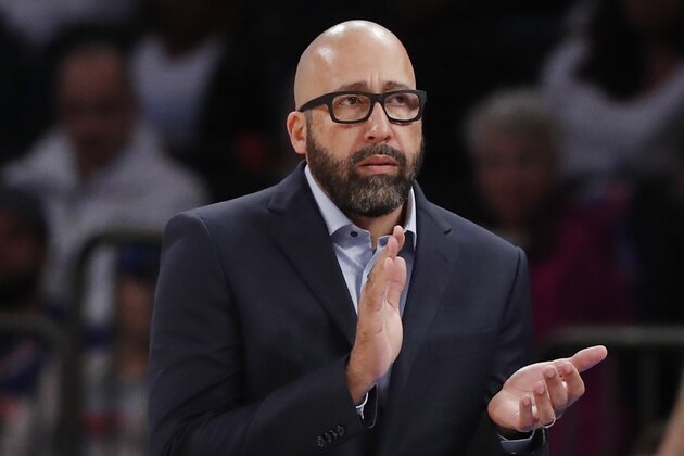 New York Knicks head coach David Fizdale applauds his team during the first half of a preseason NBA basketball game against the Atlanta Hawks in New York, Wednesday, Oct. 16, 2019. (AP Photo/Kathy Willens)