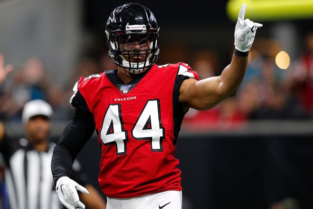 ATLANTA, GEORGIA - DECEMBER 22:  Vic Beasley Jr. #44 of the Atlanta Falcons reacts after sacking Gardner Minshew II #15 of the Jacksonville Jaguars in the first half at Mercedes-Benz Stadium on December 22, 2019 in Atlanta, Georgia. (Photo by Kevin C. Cox/Getty Images)
