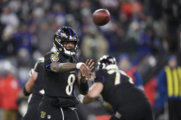Baltimore Ravens quarterback Lamar Jackson (8) passes during the second half of an NFL football game against the New York Jets, Thursday, Dec. 12, 2019, in Baltimore. (AP Photo/Nick Wass)