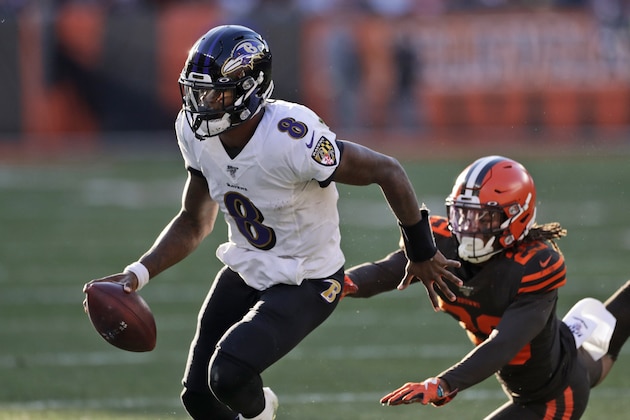 Baltimore Ravens quarterback Lamar Jackson (8) scrambles during the second half of an NFL football game against the Cleveland Browns, Sunday, Dec. 22, 2019, in Cleveland. (AP Photo/Ron Schwane)