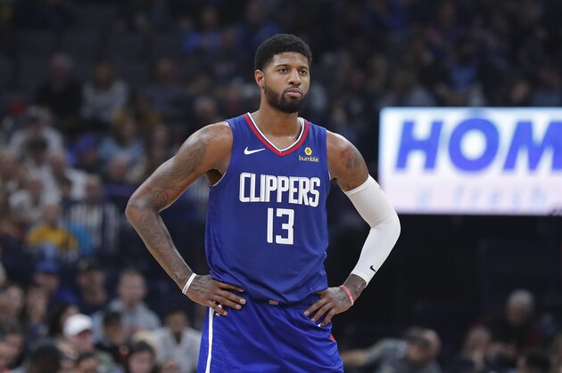 Los Angeles Clippers forward Paul George (13) looks during the second half of an NBA basketball game against the Oklahoma City Thunder on Sunday, Dec. 22, 2019, in Oklahoma City. Oklahoma City won 118-112. (AP Photo/Alonzo Adams)