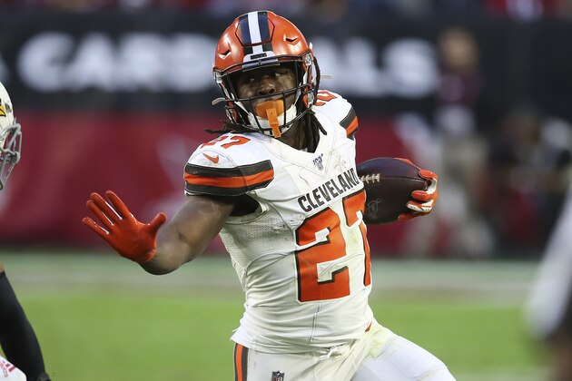 Cleveland Browns running back Kareem Hunt (27) runs against the Arizona Cardinals during the second half of an NFL football game, Sunday, Dec. 15, 2019, in Glendale, Ariz. (AP Photo/Ross D. Franklin)