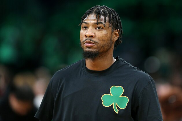 BOSTON, MASSACHUSETTS - DECEMBER 06: Marcus Smart #36 of the Boston Celtics looks on before the game against the Denver Nuggets  at TD Garden on December 06, 2019 in Boston, Massachusetts. (Photo by Maddie Meyer/Getty Images)