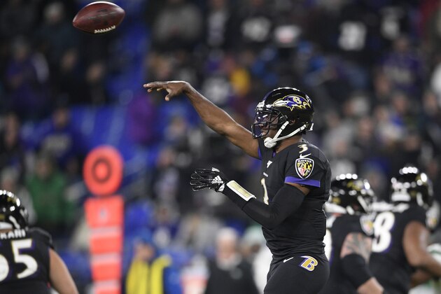Baltimore Ravens quarterback Robert Griffin III (3) passes during the second half of an NFL football game against the New York Jets, Thursday, Dec. 12, 2019, in Baltimore. The Ravens won 42-21. (AP Photo/Nick Wass)