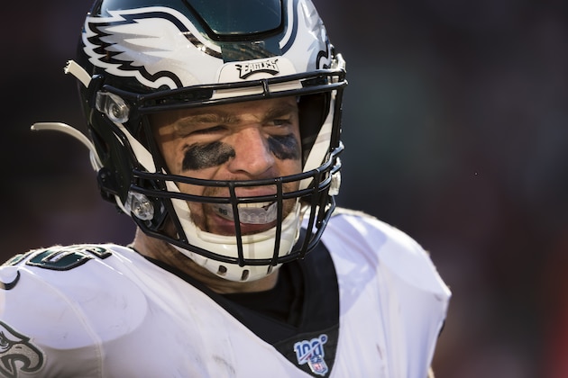 LANDOVER, MD - DECEMBER 15: Zach Ertz #86 of the Philadelphia Eagles looks on during the first half of the game against the Washington Redskins at FedExField on December 15, 2019 in Landover, Maryland. (Photo by Scott Taetsch/Getty Images)