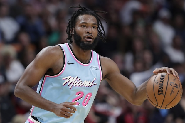 Miami Heat forward Justise Winslow (20) is in action during the second half of an NBA basketball game against the Golden State Warriors, Friday, Nov. 29, 2019, in Miami. The Heat won 122-105. (AP Photo/Lynne Sladky)