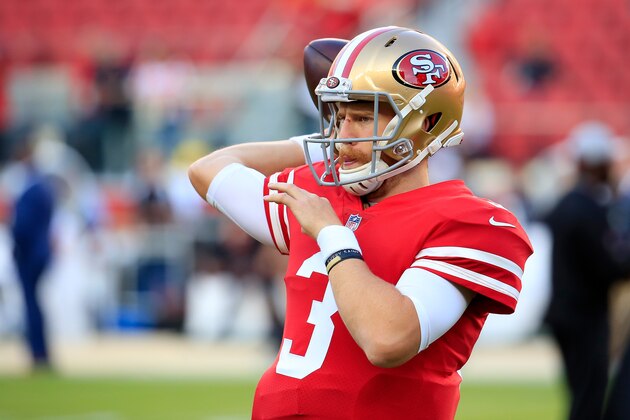 SANTA CLARA, CA - NOVEMBER 01: C.J. Beathard #3 of the San Francisco 49ers warms up prior to the game against the Oakland Raiders at Levi's Stadium on November 1, 2018 in Santa Clara, California. (Photo by Daniel Shirey/Getty Images)