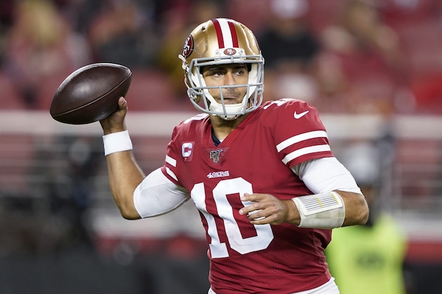 San Francisco 49ers quarterback Jimmy Garoppolo throws a pass against the Los Angeles Rams during the second half of an NFL football game in Santa Clara, Calif., Saturday, Dec. 21, 2019. (AP Photo/Tony Avelar)
