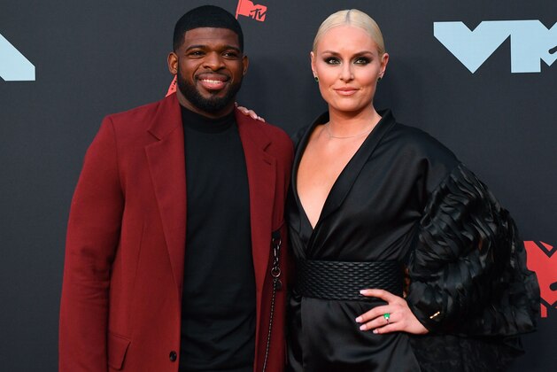 US alpine skier Lindsey Vonn and fiance Canadian ice hockey pro P. K. Subban arrive for the 2019 MTV Video Music Awards at the Prudential Center in Newark, New Jersey on August 26, 2019. (Photo by Johannes EISELE / AFP)        (Photo credit should read JOHANNES EISELE/AFP via Getty Images)