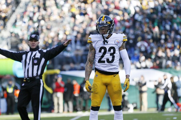Pittsburgh Steelers cornerback Joe Haden (23) reacts in the first half of an NFL football game against the New York Jets, Sunday, Dec. 22, 2019, in East Rutherford, N.J. (AP Photo/Adam Hunger)