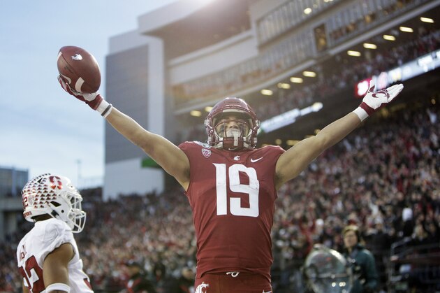 Washington State wide receiver Brandon Arconado (19) celebrates his touchdown during the second half of an NCAA college football game against Stanford in Pullman, Wash., Saturday, Nov. 16, 2019. Washington State won 49-22. (AP Photo/Young Kwak)