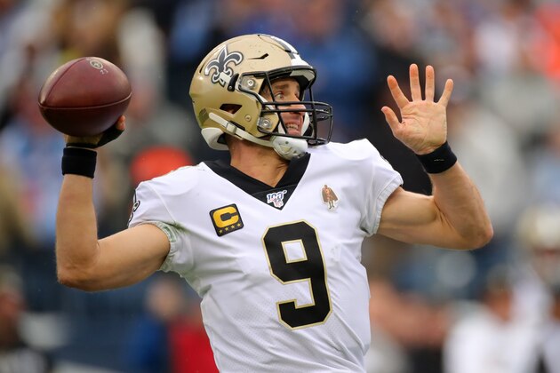 NASHVILLE, TENNESSEE - DECEMBER 22: Quarterback Drew Brees #9 of the New Orleans Saints looks for a receiver under pressure in the first half against the Tennessee Titans in the game at Nissan Stadium on December 22, 2019 in Nashville, Tennessee. (Photo by Brett Carlsen/Getty Images)