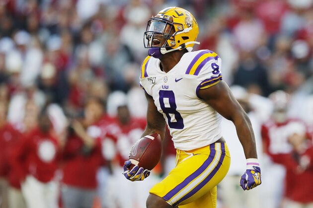 TUSCALOOSA, ALABAMA - NOVEMBER 09: Patrick Queen #8 of the LSU Tigers celebrates after intercepting a pass during the second quarter against the Alabama Crimson Tide in the game at Bryant-Denny Stadium on November 09, 2019 in Tuscaloosa, Alabama. (Photo by Kevin C. Cox/Getty Images)