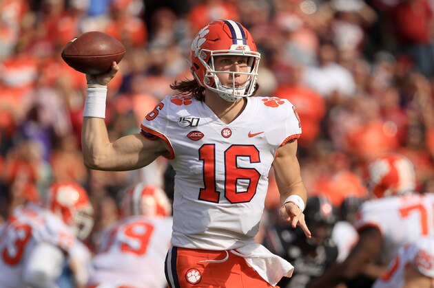 COLUMBIA, SOUTH CAROLINA - NOVEMBER 30: Trevor Lawrence #16 of the Clemson Tigers drops back to pass against the South Carolina Gamecocks during their game at Williams-Brice Stadium on November 30, 2019 in Columbia, South Carolina. (Photo by Streeter Lecka/Getty Images)