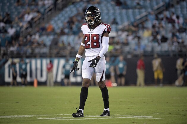 Atlanta Falcons defensive back Jordan Miller (28) sets up for a play during the second half of a preseason NFL football game against the Jacksonville Jaguars Thursday, Aug. 29, 2019, in Jacksonville, Fla. (AP Photo/Phelan M. Ebenhack)