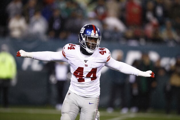 New York Giants linebacker Markus Golden in action during an NFL football game against the Philadelphia Eagles Monday, Dec. 9, 2019, in Philadelphia. (AP Photo/Matt Rourke)
