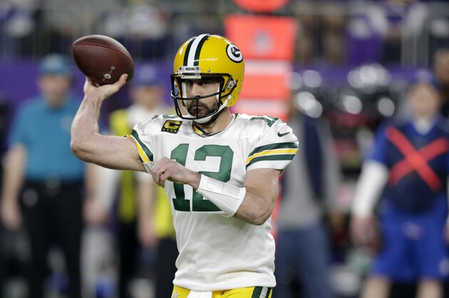Green Bay Packers quarterback Aaron Rodgers throws a pass during the first half of an NFL football game against the Minnesota Vikings, Monday, Dec. 23, 2019, in Minneapolis. (AP Photo/Andy Clayton-King)