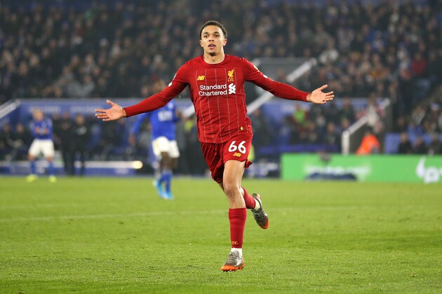 LEICESTER, ENGLAND - DECEMBER 26: Trent Alexander-Arnold of Liverpool celebrates scoring his team's fourth goal during the Premier League match between Leicester City and Liverpool FC at The King Power Stadium on December 26, 2019 in Leicester, United Kingdom. (Photo by Alex Pantling/Getty Images)