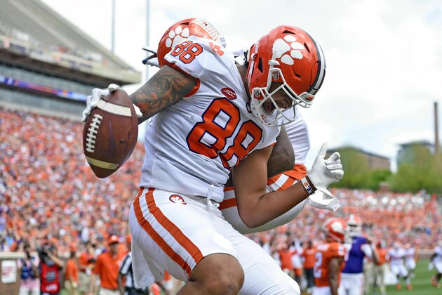 FILE - In this April 6, 2019, file photo, Clemson's Braden Galloway celebrates a touchdown during their spring NCAA college football game in Clemson, S.C. Clemson tight end Braden Galloway and offensive lineman Zach Giella will miss next season after an NCAA panel rejected the school's appeal of their drug suspension. Clemson athletic spokesman Jeff Kallin said the school learned of the NCAA's decision on Wednesday, May 22, 2019. (AP Photo/Richard Shiro, File)