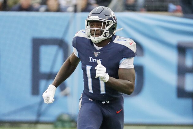Tennessee Titans wide receiver A.J. Brown plays against the New Orleans Saints in the first half of an NFL football game Sunday, Dec. 22, 2019, in Nashville, Tenn. (AP Photo/James Kenney)