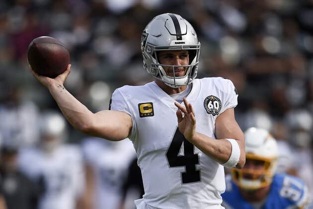 Oakland Raiders quarterback Derek Carr passes against the Los Angeles Chargers during the first half of an NFL football game Sunday, Dec. 22, 2019, in Carson, Calif. (AP Photo/Kelvin Kuo)