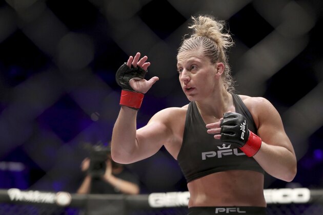 Kayla Harrison, right, in action against Larissa Pacheco during their regular season mixed martial arts bout at PFL 1, Thursday, May 9, 2019, at the Nassau Coliseum (NYCB Live) in Uniondale, NY. Harrison won via unanimous decision. (AP Photo/Gregory Payan)