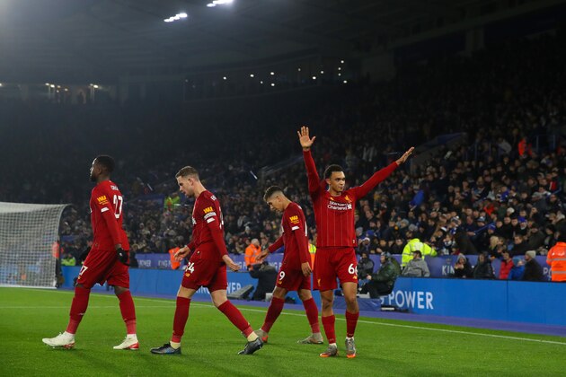 LEICESTER, ENGLAND - DECEMBER 26: Trent Alexander-Arnold of Liverpool celebrates after scoring a goal to make it 0-3 during the Premier League match between Leicester City and Liverpool FC at The King Power Stadium on December 26, 2019 in Leicester, United Kingdom. (Photo by Matthew Ashton - AMA/Getty Images)