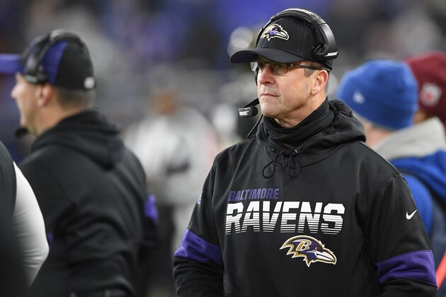 Baltimore Ravens head coach John Harbaugh looks on during the second half of an NFL football game against the New York Jets, Thursday, Dec. 12, 2019, in Baltimore. The Ravens won 42-21. (AP Photo/Nick Wass)