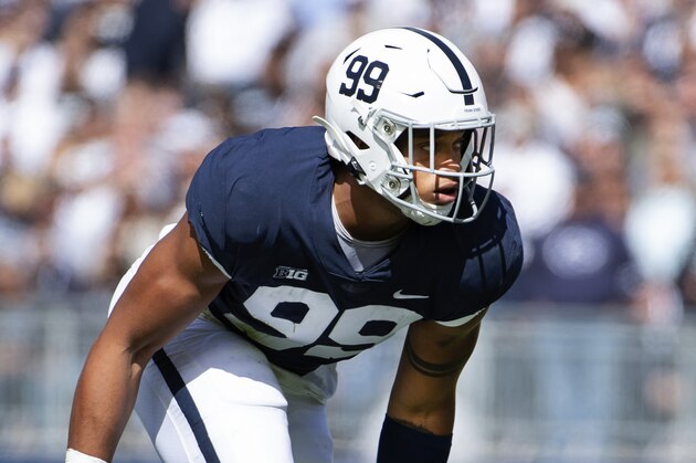 Penn State defensive end Yetur Gross-Matos (99) in action against Purdue during an NCAA college football game in State College, Pa., on Saturday, Oct. 5, 2019. (AP Photo/Barry Reeger)
