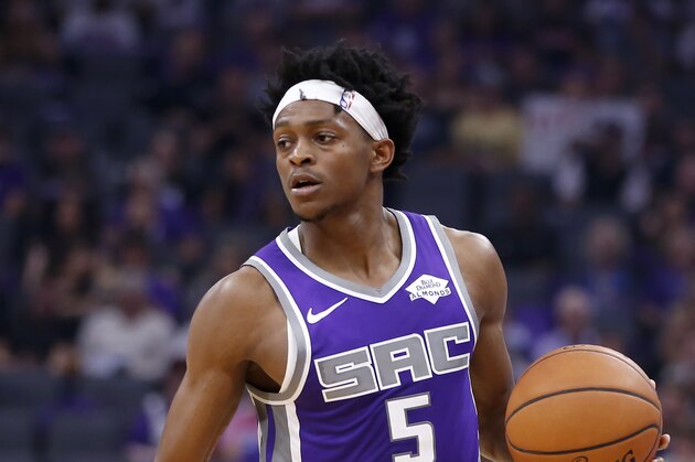 Sacramento Kings guard De'Aaron Fox during the second half of an NBA] basketball game against the Portland Trail Blazers in Sacramento, Calif., Friday, Oct. 25, 2019. The Trail Blazers won 122-112. (AP Photo/Rich Pedroncelli)