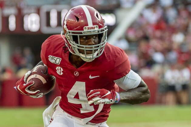Alabama wide receiver Jerry Jeudy (4) gets loose against Mississippi during the second half of an NCAA college football game, Saturday, Sept. 28, 2019, in Tuscaloosa, Ala. (AP Photo/Vasha Hunt)
