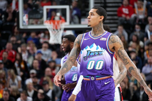 SALT LAKE CITY, UT - DECEMBER 26: Jordan Clarkson #00 of the Utah Jazz looks on during a game against the Portland Trail Blazers on December 26, 2019 at vivint.SmartHome Arena in Salt Lake City, Utah. NOTE TO USER: User expressly acknowledges and agrees that, by downloading and or using this Photograph, User is consenting to the terms and conditions of the Getty Images License Agreement. Mandatory Copyright Notice: Copyright 2019 NBAE (Photo by Melissa Majchrzak/NBAE via Getty Images)