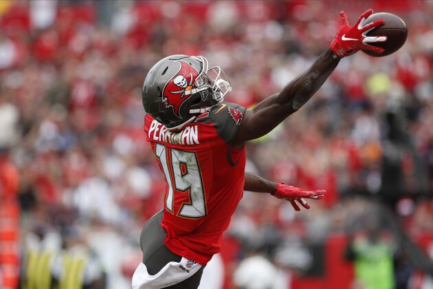 Tampa Bay Buccaneers wide receiver Breshad Perriman (19) can't hang onto a pass against the Houston Texans during the first half of an NFL football game Saturday, Dec. 21, 2019, in Tampa, Fla. (AP Photo/Mark LoMoglio)