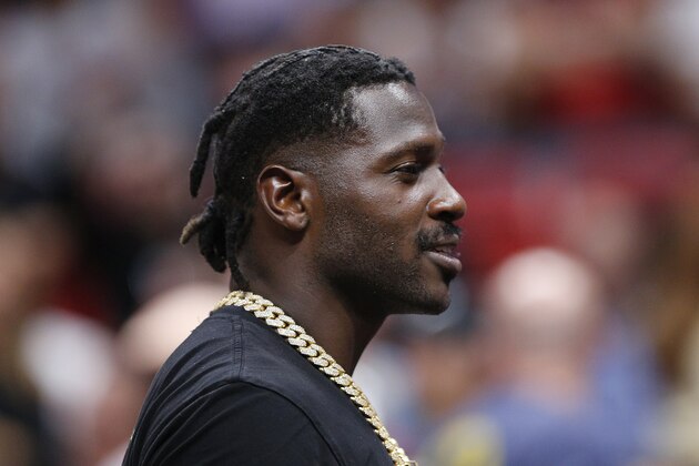MIAMI, FLORIDA - OCTOBER 23:  NFL wide reciever Antonio Brown looks on courtside during the second half between the Miami Heat and the Memphis Grizzlies at American Airlines Arena on October 23, 2019 in Miami, Florida. NOTE TO USER: User expressly acknowledges and agrees that, by downloading and/or using this photograph, user is consenting to the terms and conditions of the Getty Images License Agreement. (Photo by Michael Reaves/Getty Images)