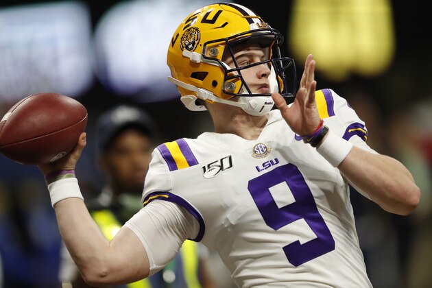 LSU quarterback Joe Burrow (9) wams up before the first half of the Southeastern Conference championship NCAA college football game between LSU and Georgia, Saturday, Dec. 7, 2019, in Atlanta. (AP Photo/John Bazemore)