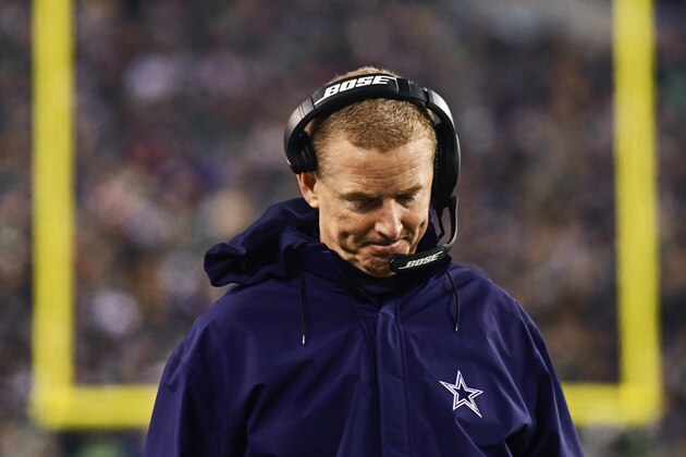 PHILADELPHIA, PA - DECEMBER 22: Head coach Jason Garrett of the Dallas Cowboys looks down after a ruling against them during the first quarter at Lincoln Financial Field on December 22, 2019 in Philadelphia, Pennsylvania. (Photo by Corey Perrine/Getty Images)