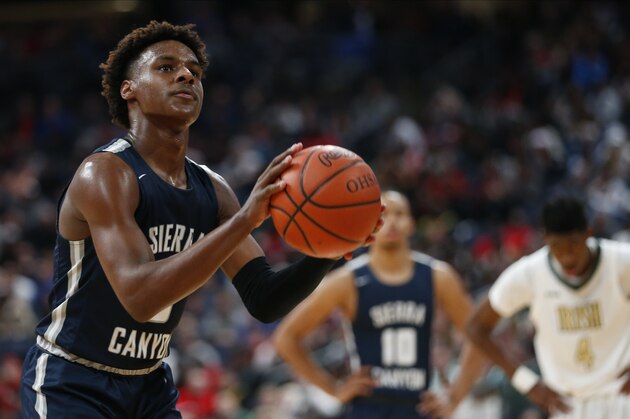Sierra Canyon's Bronny James shoots a free throw against Akron St. Vincent - St. Mary during the second half of a high school basketball game Saturday, Dec. 14, 2019, in Columbus, Ohio. (AP Photo/Jay LaPrete)