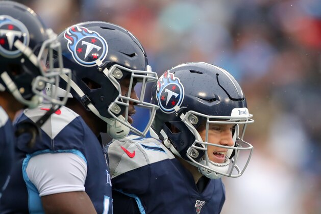 NASHVILLE, TENNESSEE - DECEMBER 22: Quarterback Ryan Tannehill #17 of the Tennessee Titans reacts with his teammates after a touchdown during the first quarter in the game against the New Orleans Saints at Nissan Stadium on December 22, 2019 in Nashville, Tennessee. (Photo by Brett Carlsen/Getty Images)