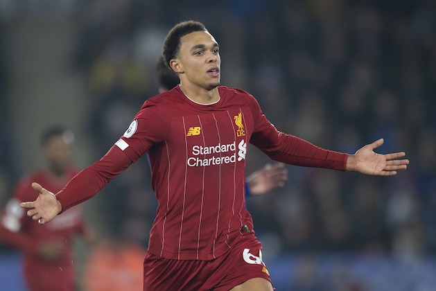 LEICESTER, ENGLAND - DECEMBER 26: Trent Alexander-Arnold of Liverpool celebrates scoring during the Premier League match between Leicester City and Liverpool FC at The King Power Stadium on December 26, 2019 in Leicester, United Kingdom. (Photo by Visionhaus)