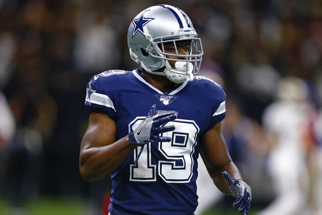 Dallas Cowboys wide receiver Amari Cooper (19) lines up for a play in the first half of an NFL football game against the New Orleans Saints in New Orleans, Sunday, Sept. 29, 2019. (AP Photo/Butch Dill)